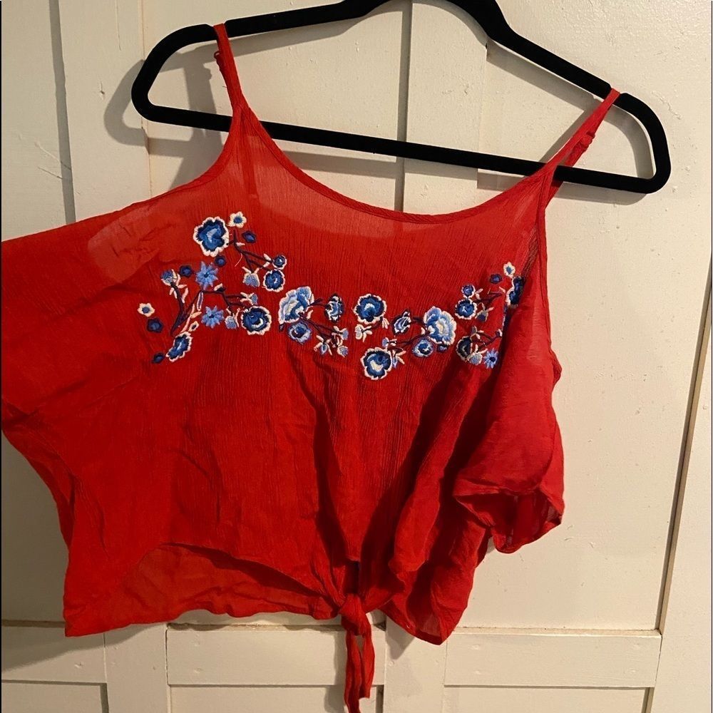 Polly Esther red embroidered floral cold shoulder cami top size XS NWT